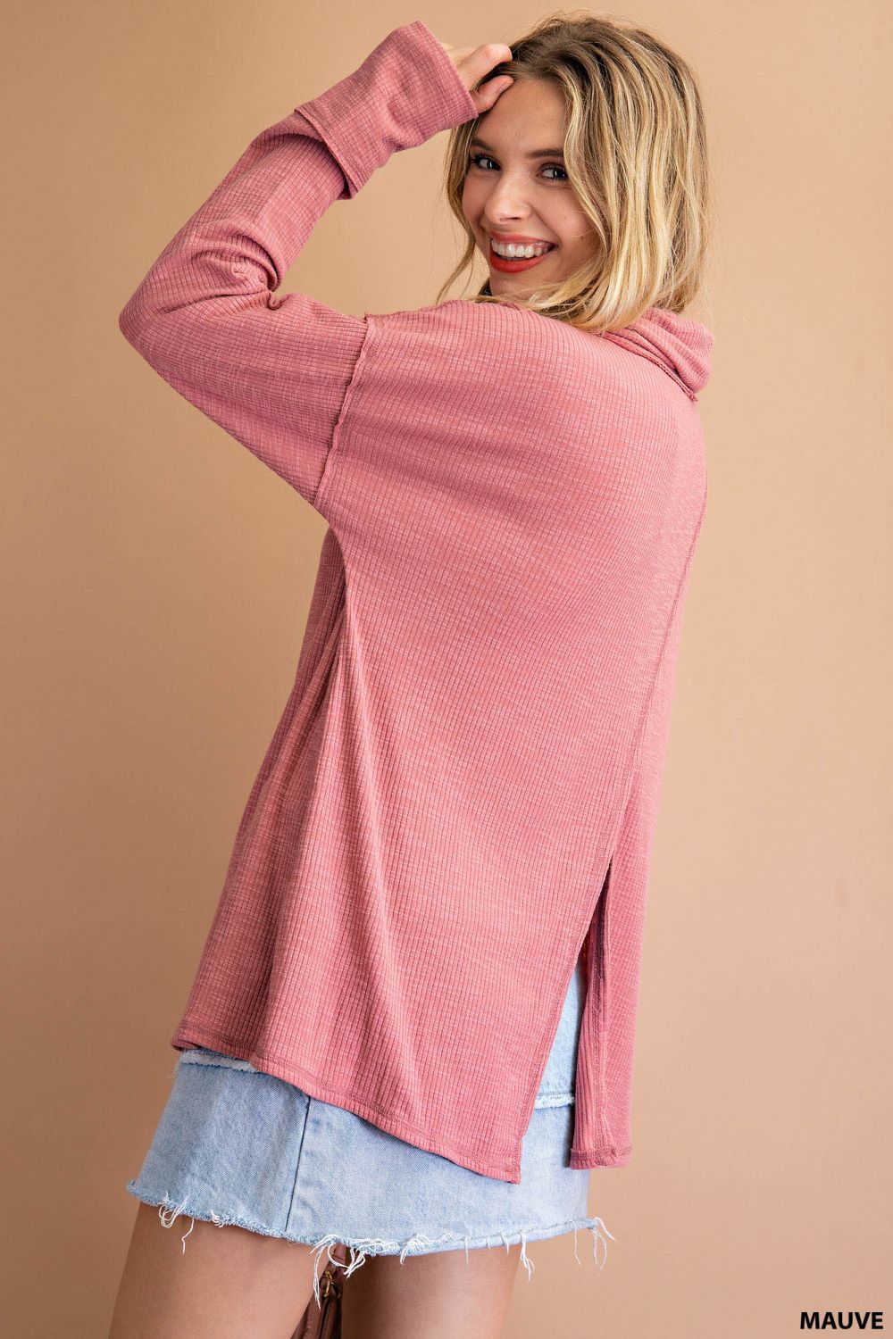 Mauve Ribbed Cowl Neck