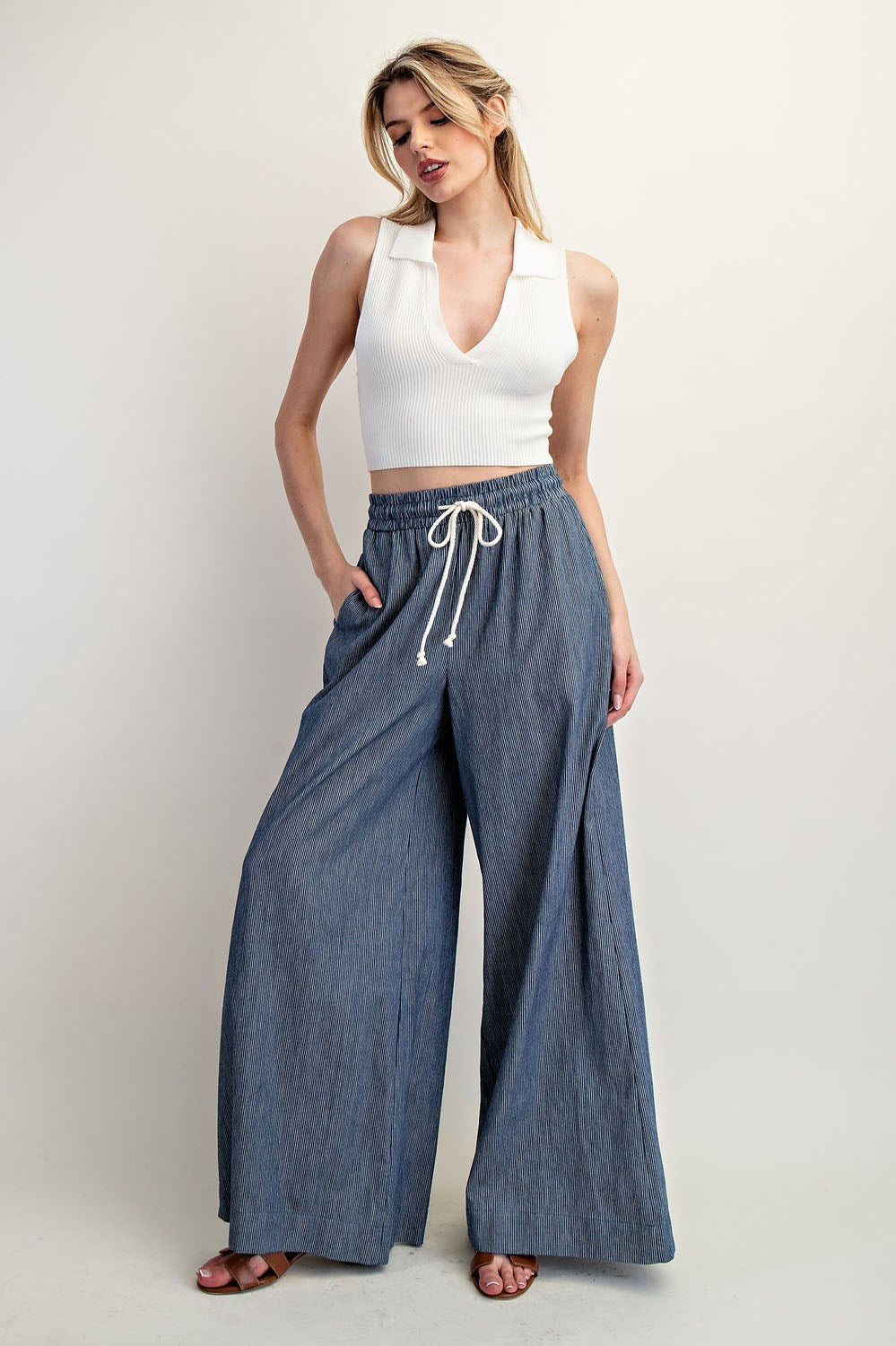 Pinstriped Washed Tie Waist Denim Wide Leg Pants