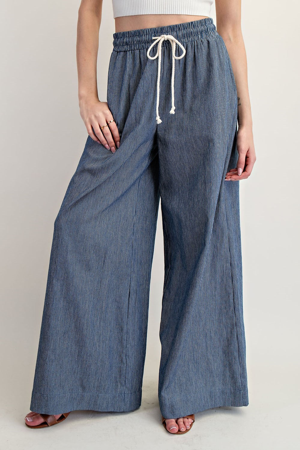 Pinstriped Washed Tie Waist Denim Wide Leg Pants