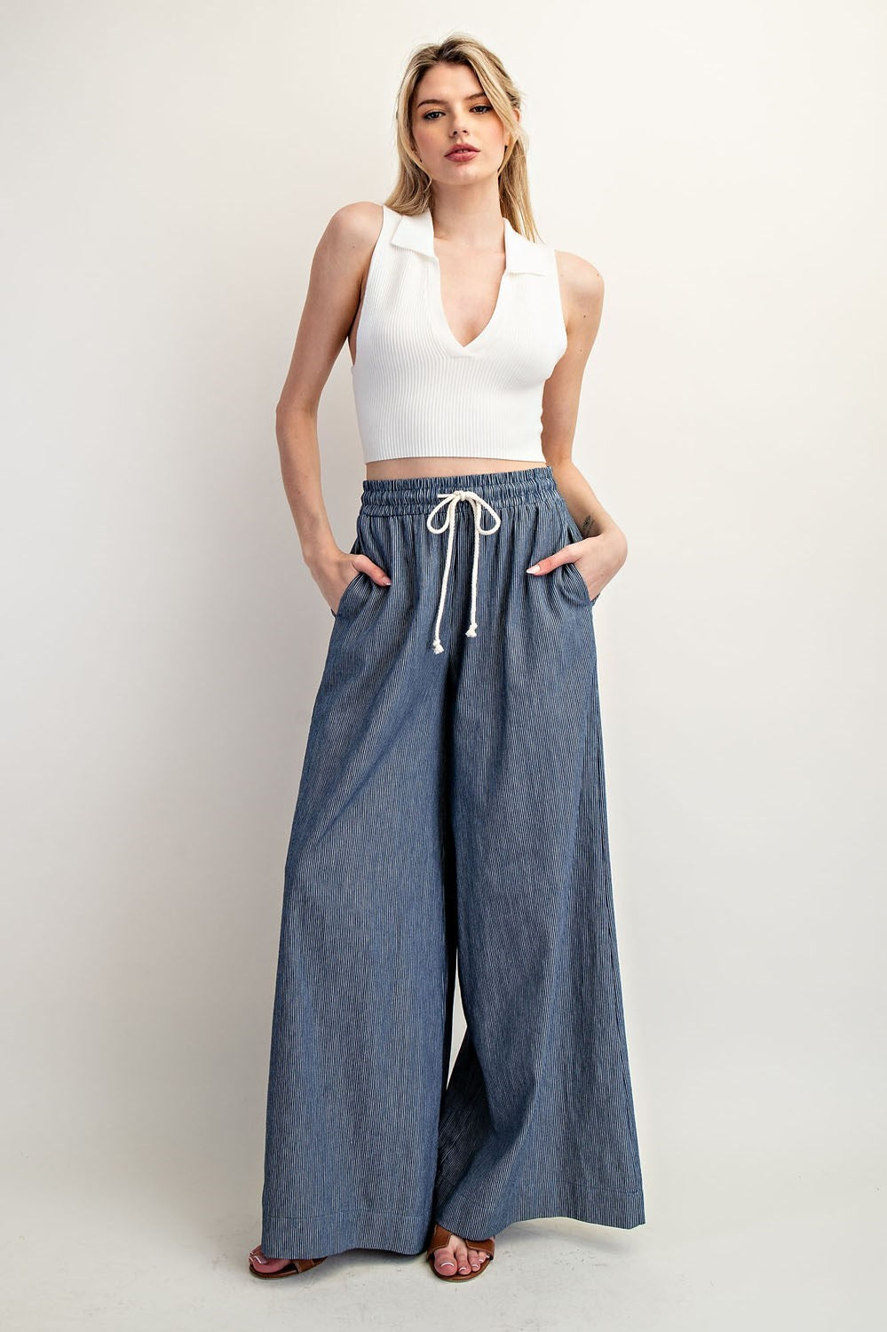 Pinstriped Washed Tie Waist Denim Wide Leg Pants