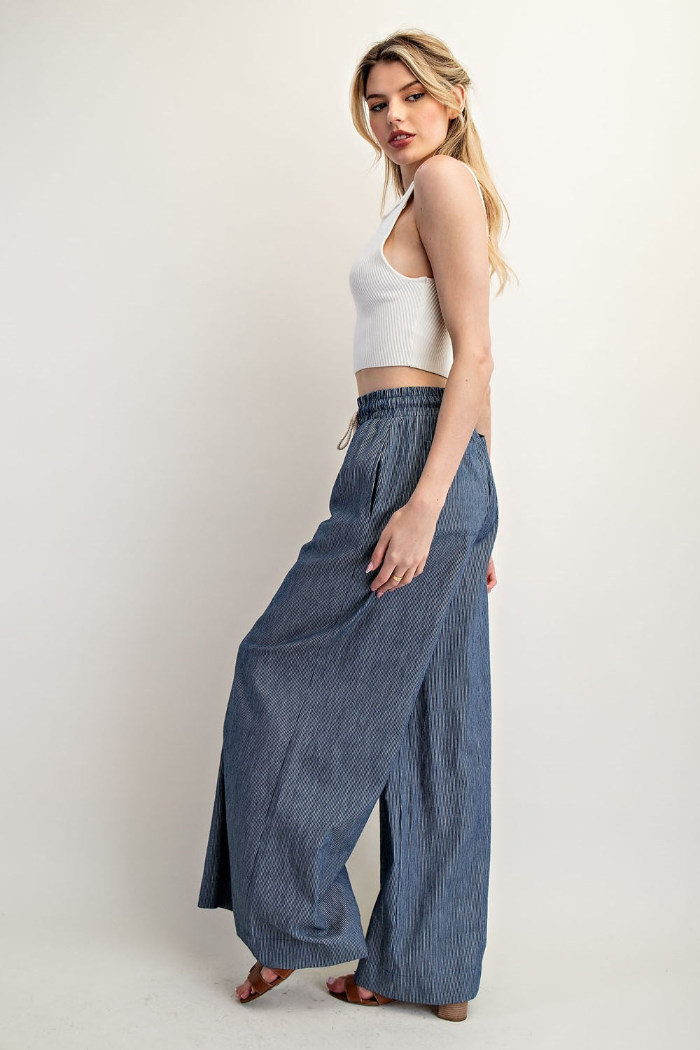 Pinstriped Washed Tie Waist Denim Wide Leg Pants