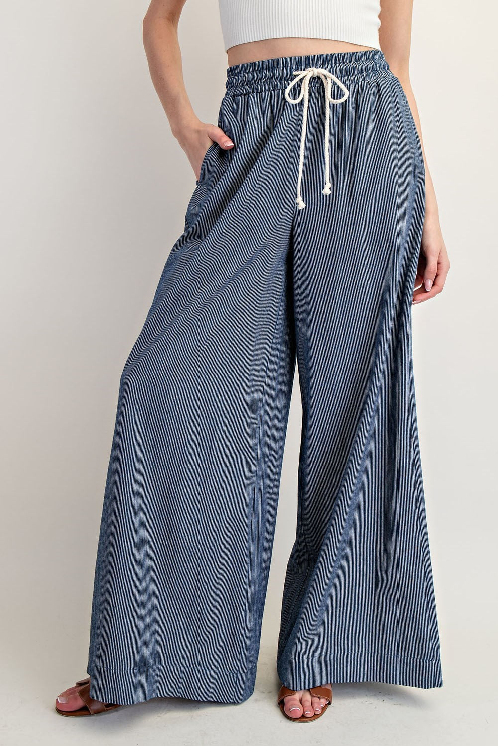Pinstriped Washed Tie Waist Denim Wide Leg Pants