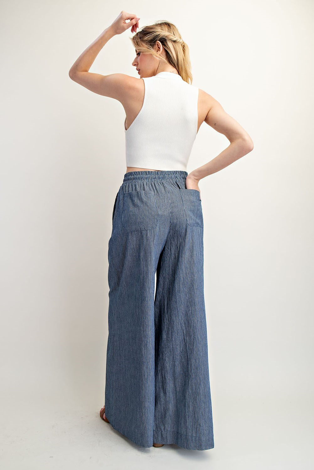 Pinstriped Washed Tie Waist Denim Wide Leg Pants