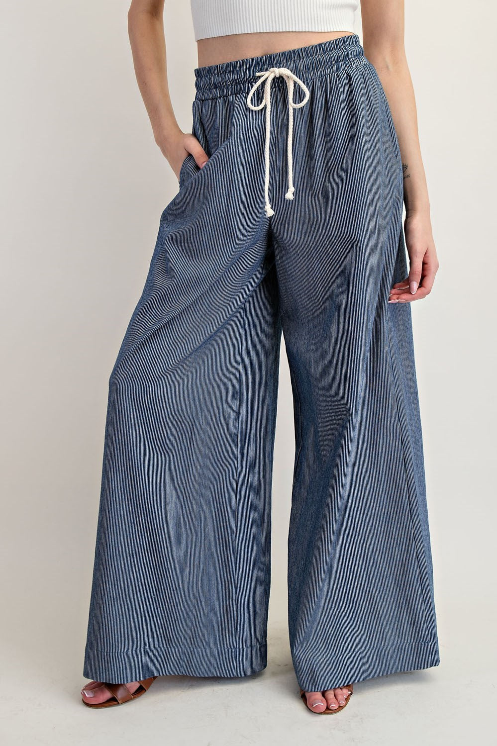 Pinstriped Washed Tie Waist Denim Wide Leg Pants