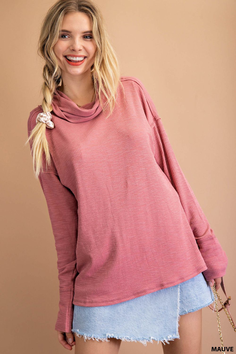 Mauve Ribbed Cowl Neck