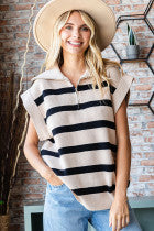 Striped Half Zip Collared Knit Top