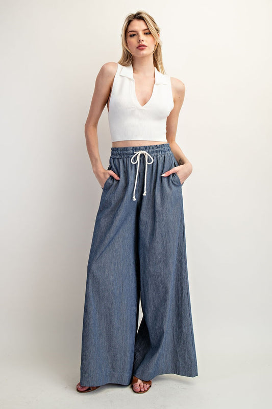 Pinstriped Washed Tie Waist Denim Wide Leg Pants